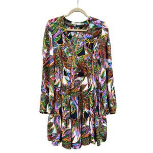 MARIE OLIVER Silk Tiered Abstract Print Long Sleeve Mini Dress Medium M